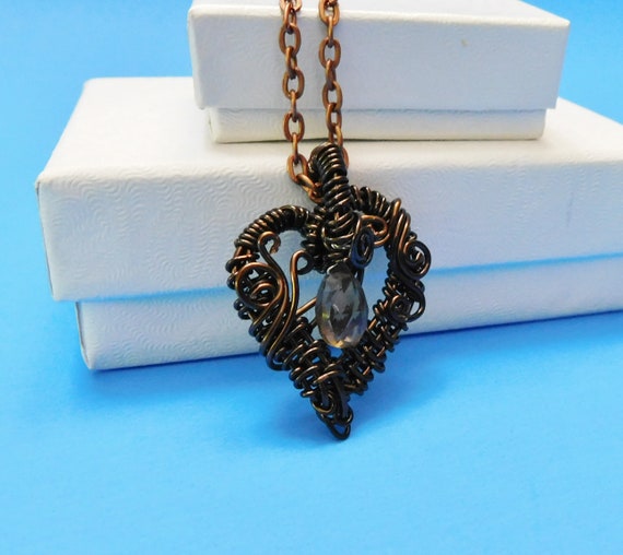 Heart Shaped Smoky Quartz Necklace, Unique Woven Wire Wrapped Genuine Gemstone Pendant, Handmade Artisan Crafted Wearable Art Jewelry
