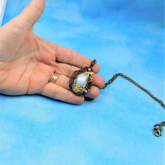 Wire Wrapped Aquamarine Pendant, March Birthstone Necklace, One of a Kind Woven Copper and Gemstone Jewelry for March Birthday Present