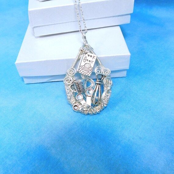 Chef Theme Cooking Pendant, Artistic Necklace for Baker Chef or Cook, Unique Artisan Crafted Wire Wrapped Jewelry Mother in Law Gift Idea
