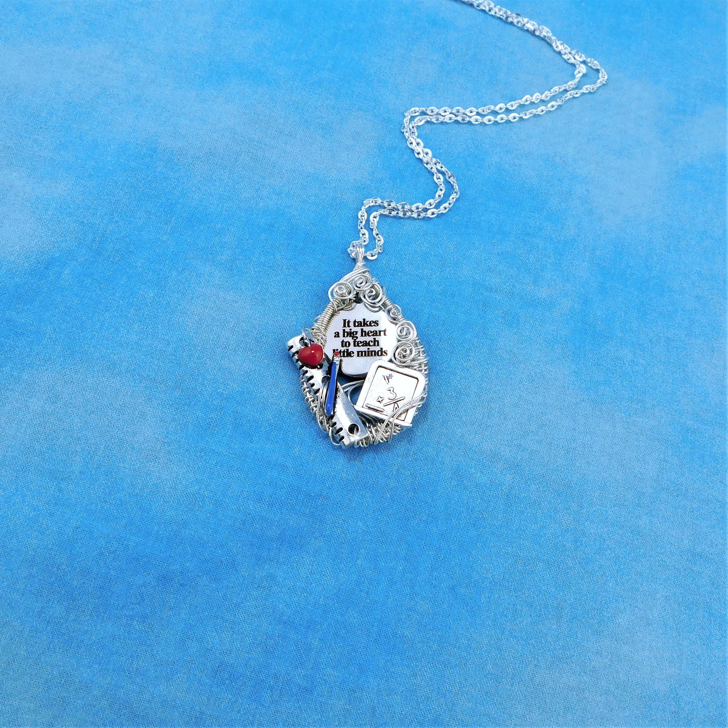 Teacher Retirement Gift Necklace School Theme Pendant, Wire Wrapped