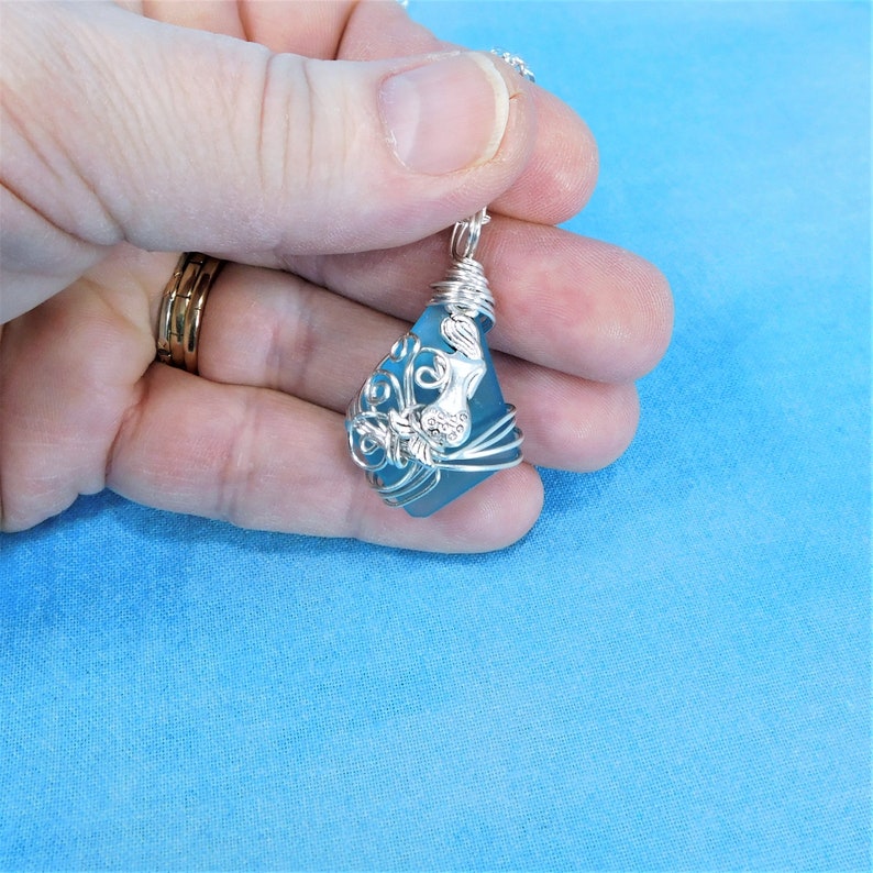 Unique Wire Wrapped Artistic Ocean Pendant Beach Theme Jewelry Present for Wife or Daughter Artisan Crafted Blue Sea Glass Mermaid Necklace