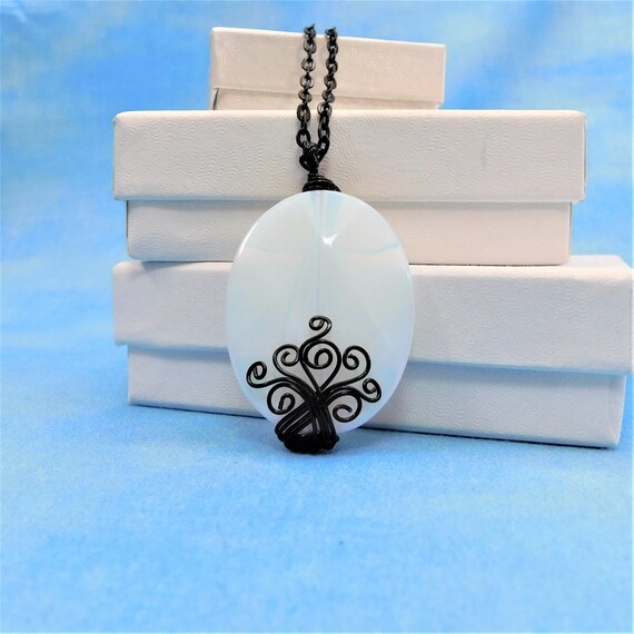 Unique Wire Wrapped Black and White Pendant, Artisan Crafted Opaque Glass Necklace, Artistic Handcrafted Jewelry,Anniversary Gift for Wife