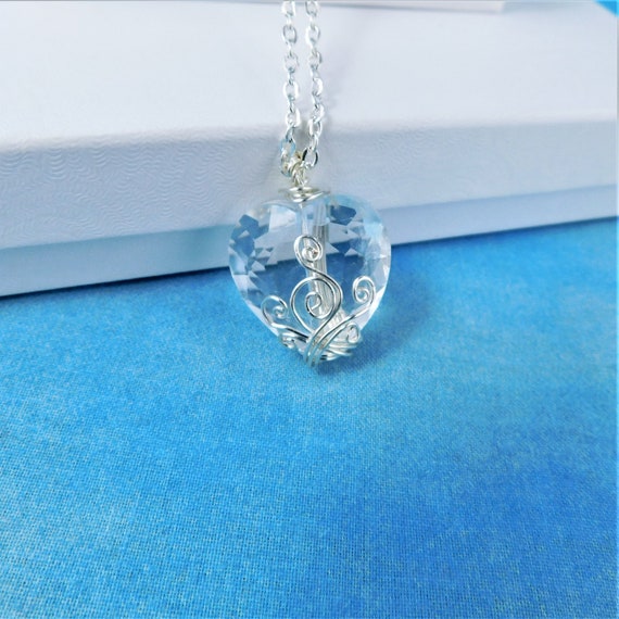 Wire Wrapped Heart Pendant, Artistic Handmade Crystal Heart Necklace, Wearable Art Jewelry for Anniversary Gift or Birthday Present for Wife