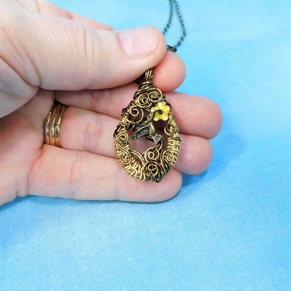 Woven Wire Wrapped Hummingbird Necklace, Artisan Crafted Bird Theme Pendant, Wearable Art Jewelry Bereavement Present or Sympathy Gift