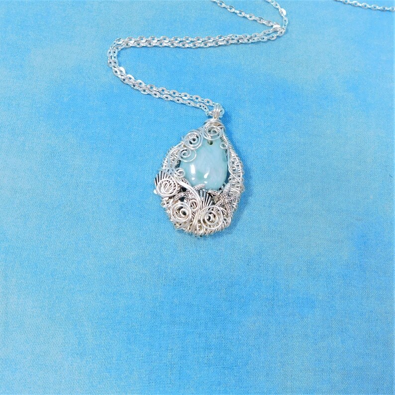 Woven Wire Wrapped Larimar Pendant Gemstone Necklace with Etsy