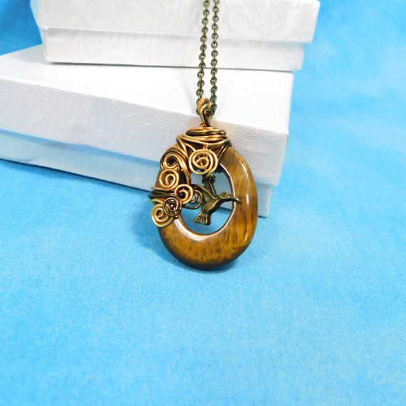 Artistic Hummingbird Necklace Tiger Eye Pendant, Gemstone Pendant Wearable Art Memorial Jewelry, Bereavement Present or Sympathy Gift