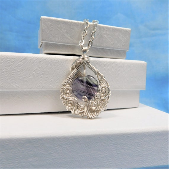 Artistic Fluorite Necklace, Woven Wire Wrapped Purple Gemstone Pendant, Wearable Art Jewelry Birthday Present or Anniversary Gift for Wife