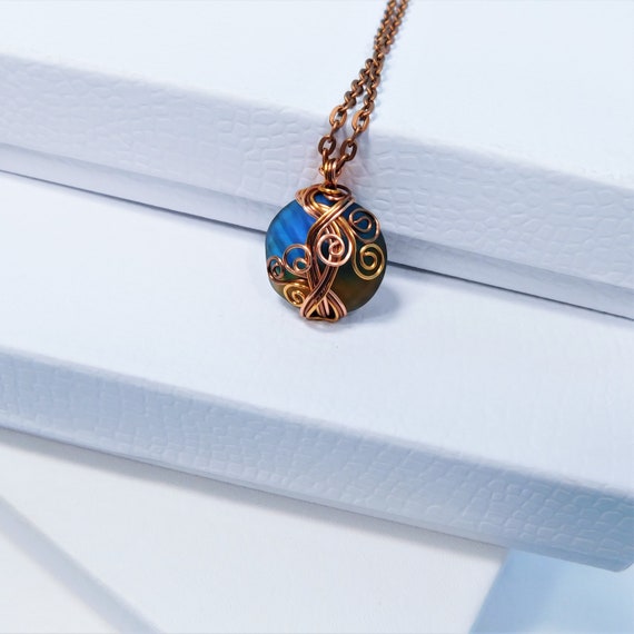 Blue Glass Pendant, Artistic Copper Wire Wrapped Necklace, Wearable Art Jewelry Anniversary Gift or Mother's Day Present for Wife or Mom
