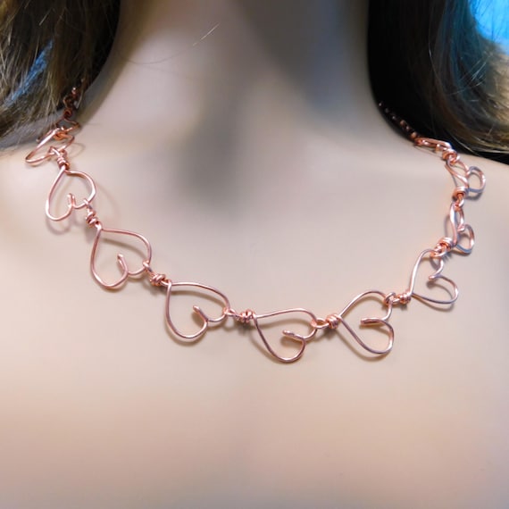 21 inch Sculpted Bright Copper Wire Heart Chain 13th Anniversary Sweetheart Gift