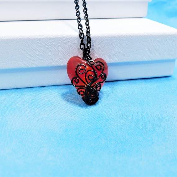 Black Wire Wrapped Red Heart Necklace Handmade Pendant, Artisan Crafted Wearable Art Jewelry Gift for Anniversary or Birthday Present