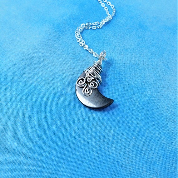 Wire Wrapped Hematite Crescent Moon Necklace, Artistic Handmade Lunar Jewelry, One of a Kind Wearable Art Gemstone Pendant Gift for Women