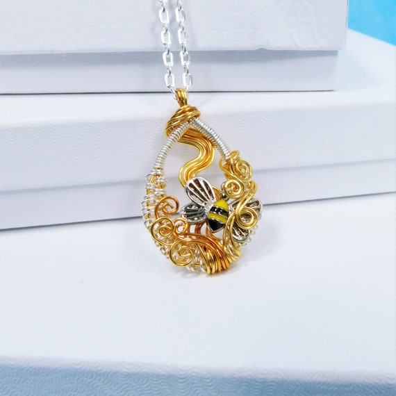 Artistic Bumblebee Necklace, Honeybee Pendant for Wife or Girlfriend, Handmade Wearable Art Bee Theme Jewelry Present for Beekeeper Gift