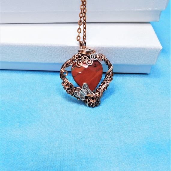 Wire Wrapped Red Jasper Pendant, Artistic Woven Wire Jasper Necklace, Gemstone Heart Butterfly Jewelry Birthday Present or Anniversary Gift