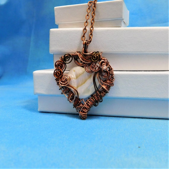 Artistic Woven Copper Heart Necklace, Artisan Crafted Wire Wrapped Mother of Pearl Pendant, 7th Anniversary Gift for Wife or Girlfriend