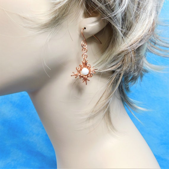 Moonstone Wire Star Earrings, Bright Copper Wire Star Dangles, Rose Gold Colored Pierced Celestial Theme Earrings, Wearable Art Jewelry