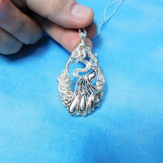 Artisan Crafted Peacock Necklace, Artistic Handmade Bird Pendant, Unique Woven Wire Wrapped Jewelry, Ladies Anniversary or Birthday Present