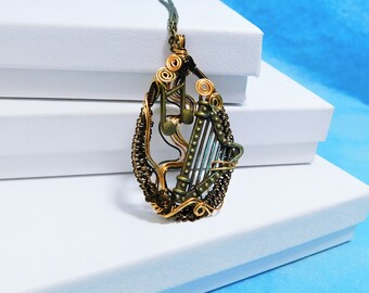 Harp Jewelry Musician Necklace, Unique Artisan Crafted Musical Theme Wearable Art Pendant, Music Teacher Harpist Present for Women