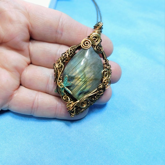 Woven Wire Wrapped Labradorite Pendant, Artistic Gemstone Necklace with Dragonfly, Wearable Art Jewelry for Women