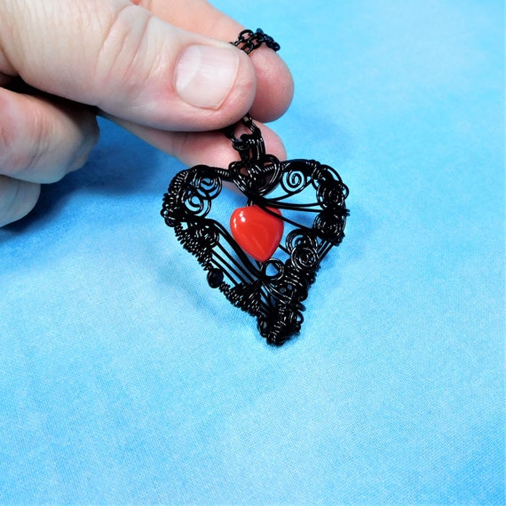 Romantic Red Heart Necklace, Unique Black Woven Wire Wrapped
