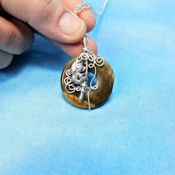 Gemstone Fishing Theme Necklace, Wire Wrapped Beach Jewelry, Tiger Eye Ocean / Sea Life Pendant Mothers Day Gift, Present for Women who Fish
