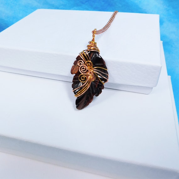 Red Tiger Eye Leaf Pendant, Wire Wrapped Gemstone Jewelry, Artistic Stone Pendant Wearable Art 7th Anniversary Gift or Birthday Present