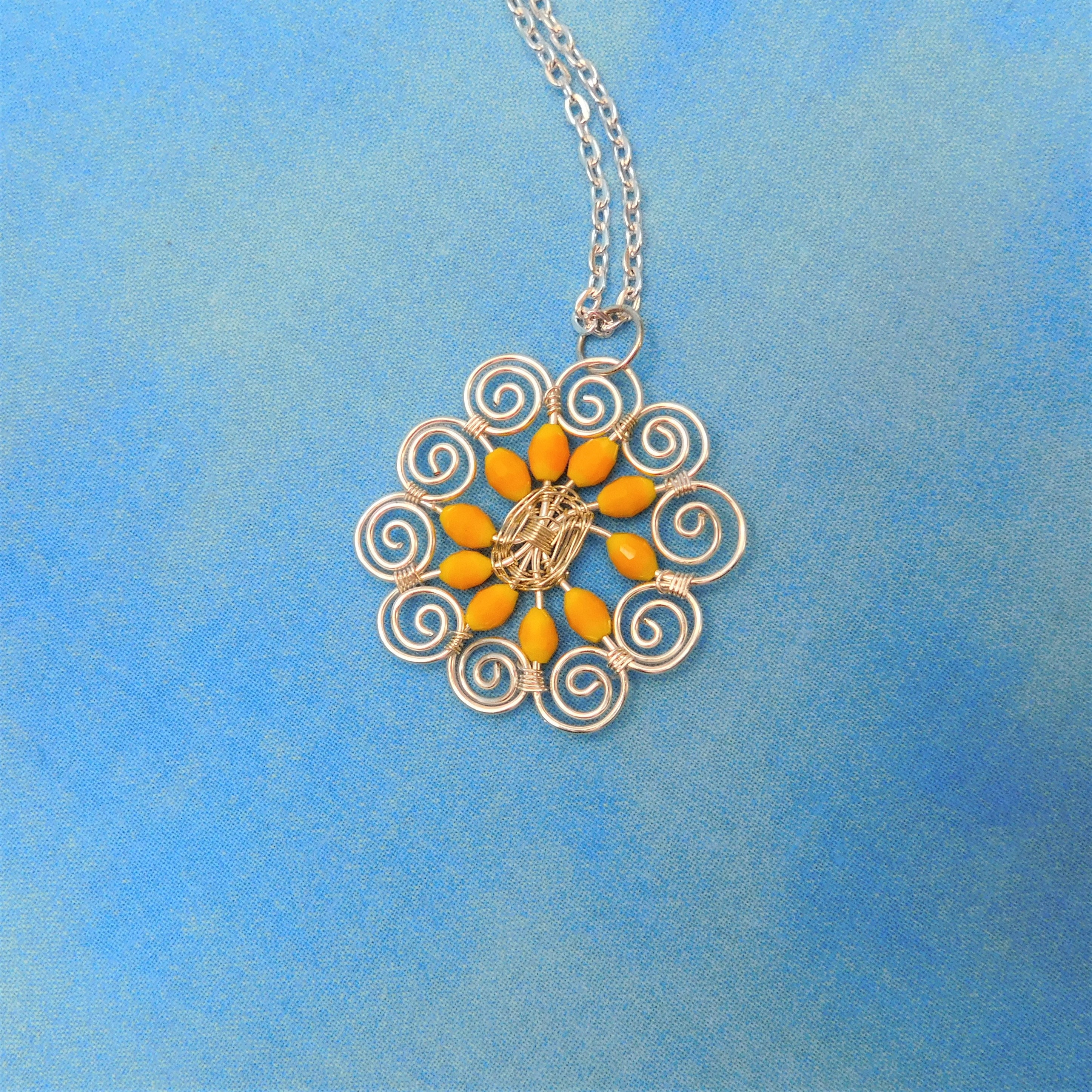 Unique Yellow Flower Necklace, Artisan Crafted Wire Wrapped Crystal