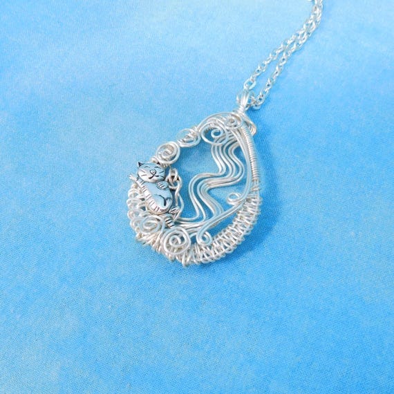 Artistic Cat Lover Jewelry Gift Necklace, Unique Woven Wire Wrapped Kitty Pendant, Feline Pet Theme Wearable Art Jewelry Birthday Present