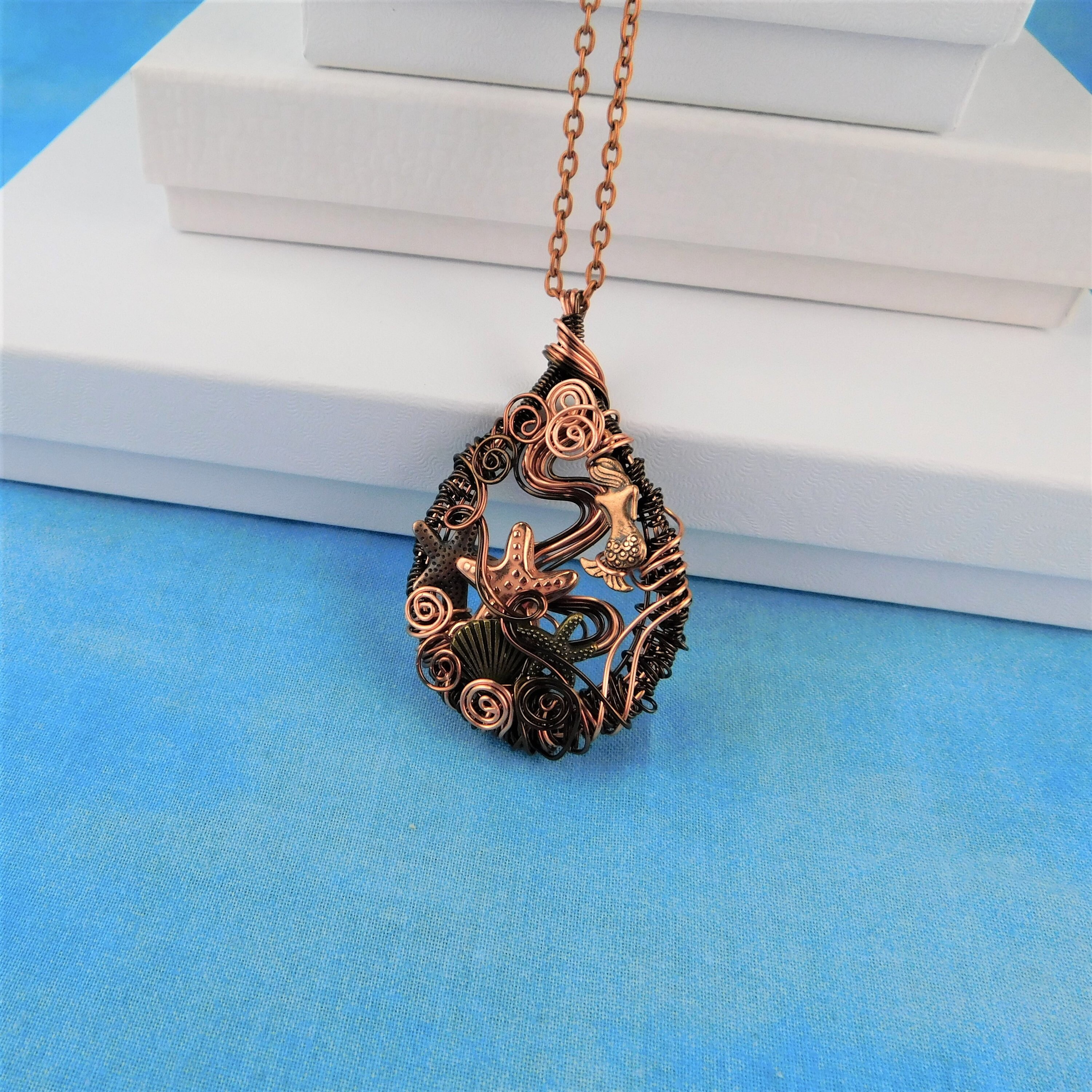 Mermaid Necklace Beach Theme Jewelry Woven Wire Ocean Pendant Unique