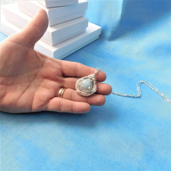 Unique Wire Wrapped Aquamarine Pendant, Artisan Crafted Wearable Art Gemstone Jewelry, March Birthstone Aquamarine Necklace Birthday Present