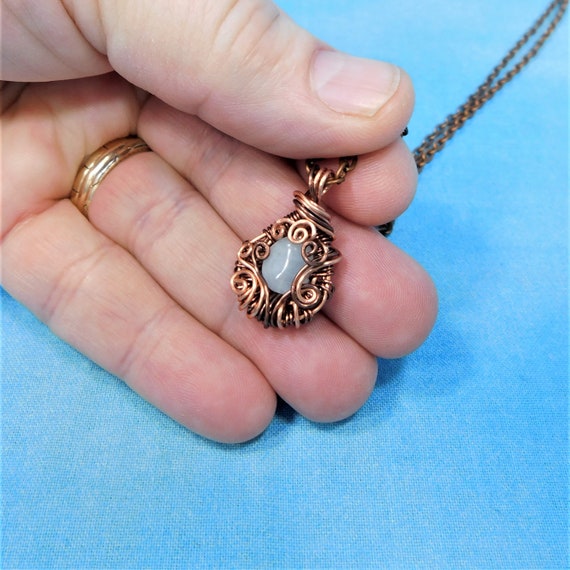 Woven Wire Aquamarine Pendant for March Birthday, March Birthstone Necklace, Copper and Gemstone Jewelry 7th Anniversary Gift for Wife