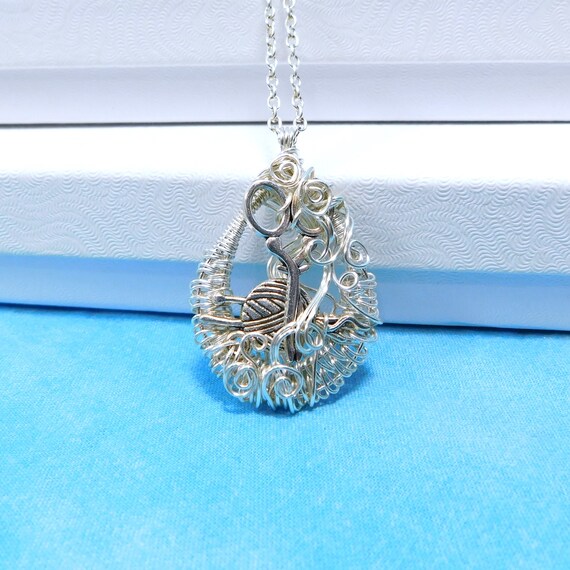 Wire Art knitting necklace for Women Who Knit, Yarn and Scissors Pendant Birthday Present for Knitting Wife, Girlfriend, or Best friend Gift