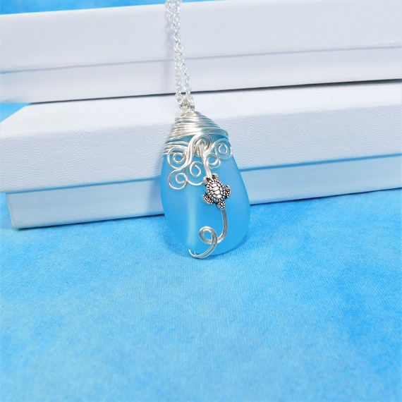 Handcrafted Sea Turtle Necklace, Wire Wrapped Blue Sea Glass Pendant, Animal Lover Ocean Theme Jewelry Present for Women or Best Friend Gift
