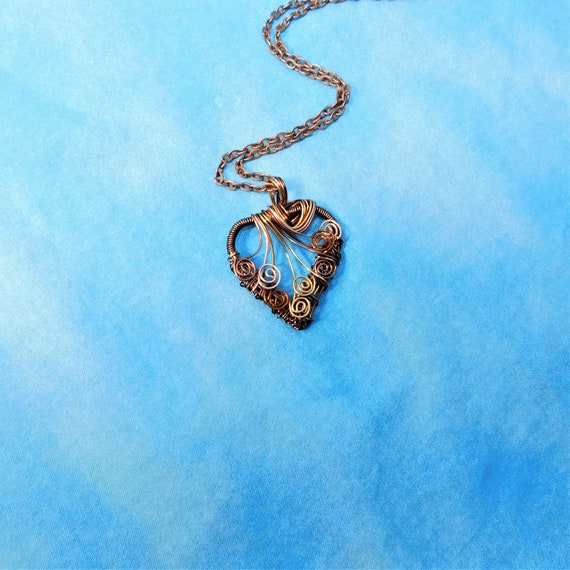 Unique Woven Wire Wrapped Copper Heart Necklace, Artistic 7th Anniversary Gift Jewelry, Handmade Wearable Art Present for Wife or Girlfriend