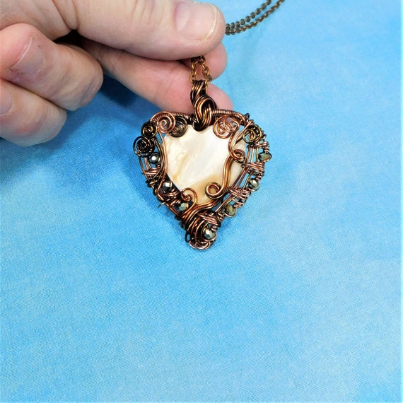 Artistic Woven Copper Heart Necklace, Artisan Crafted Wire Wrapped Mother of Pearl Pendant, 7th Anniversary Gift for Wife or Girlfriend