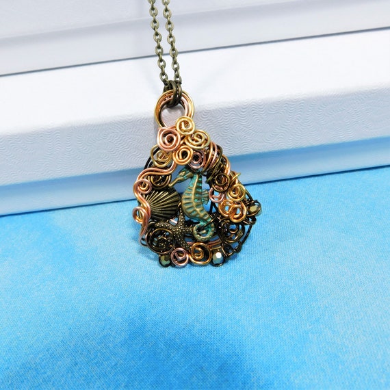 Artistic Seahorse Necklace, Unique Wire Wrapped Ocean Theme Pendant, Artisan Crafted Wearable Art Beach Jewelry One of a Kind Gift for Women