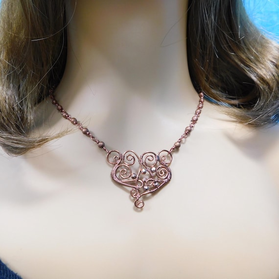 Sculpted Wire Scroll Work Necklace in Antique Copper, 7th Anniversary Gift for Wife or Girlfriend, Unique Artisan Jewelry for Her