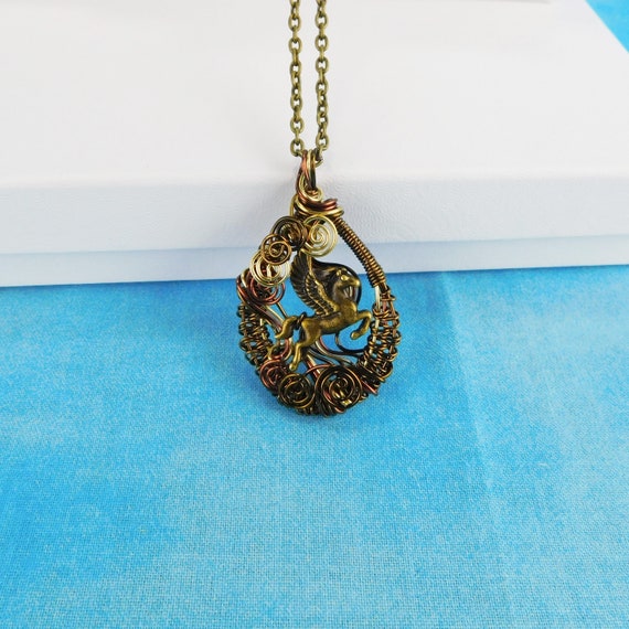 Unique Pegasus Pendant, One of a Kind Wearable Art Winged Horse Mythology Theme Necklace, Woven Copper Wire Fantasy Jewelry Gift for Women