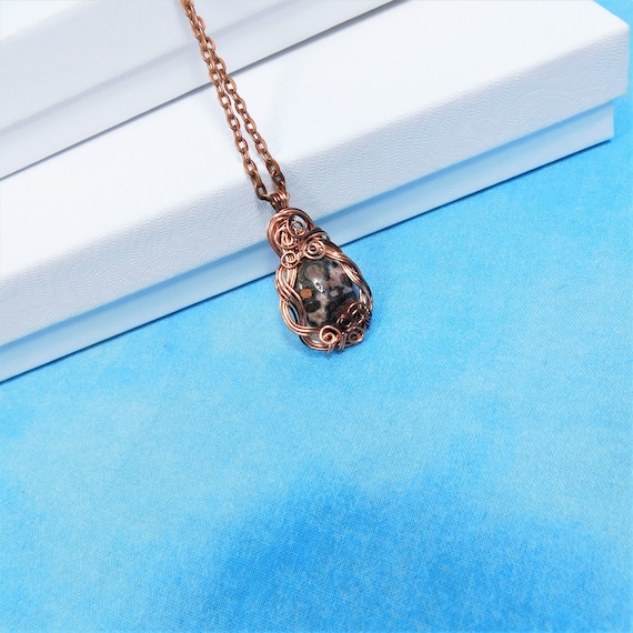Artistic Leopard Skin Jasper Necklace, Unique Gemstone and Copper Jewelry, Wire Wrapped Pendant Birthday or Anniversary Gift for Women