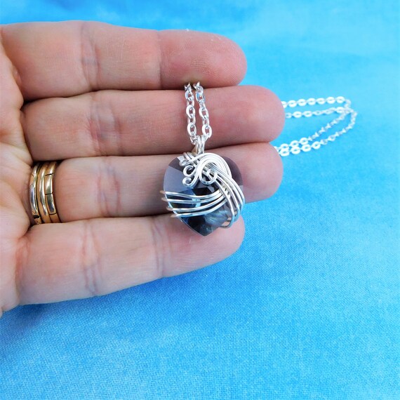 Blue Crystal Heart Necklace, Artistic Wire Wrapped Pendant First Anniversary Gift for Wife or Girlfriend, Romantic Jewelry Present for Women