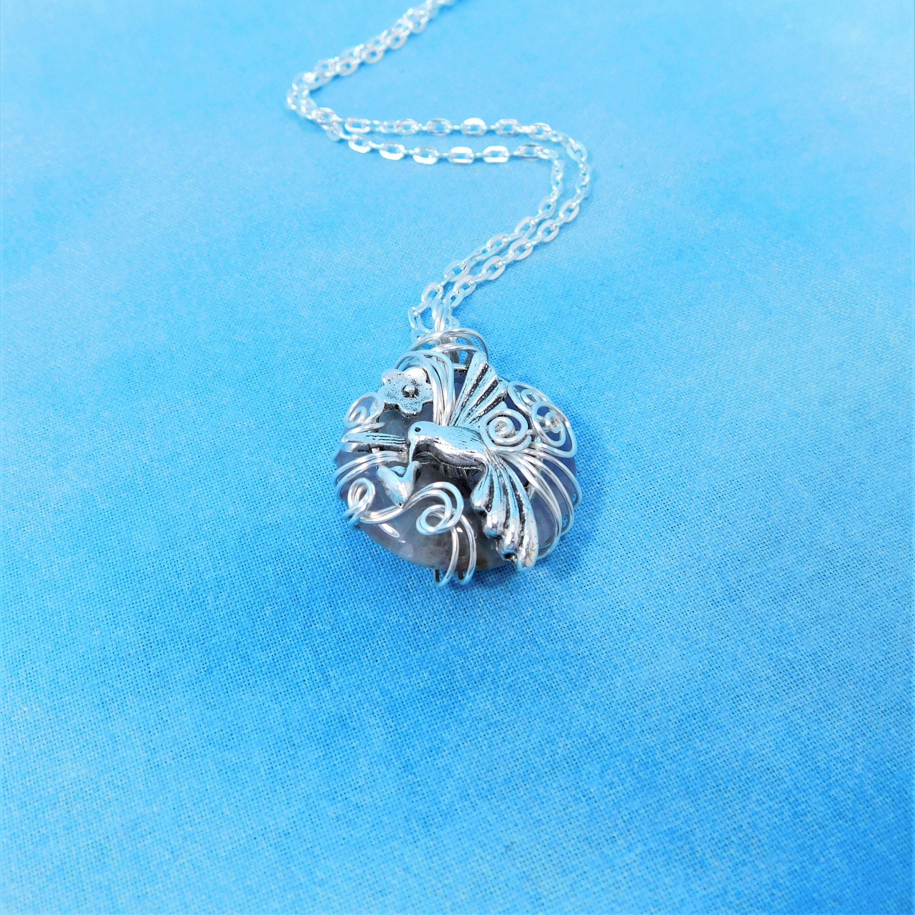 Amethyst Hummingbird Necklace, Wire Wrapped February Birthstone Pendant