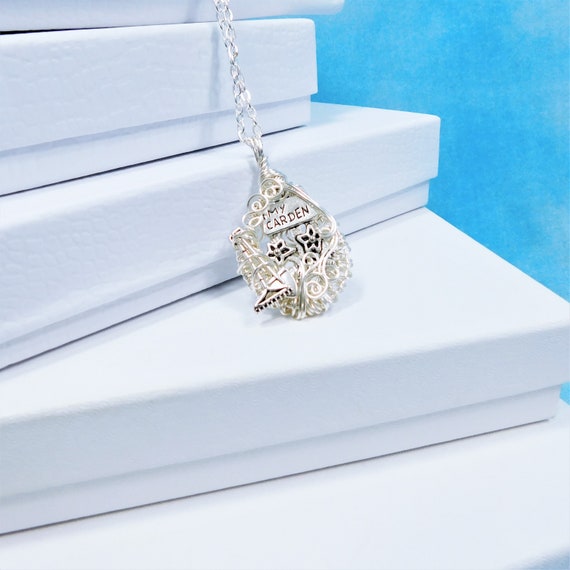Artisan Crafted Garden Necklace, Wire Wrapped Wearable Art Jewelry, Shovel and Rake Garden Tools Theme Gardening Pendant Gift for Gardener