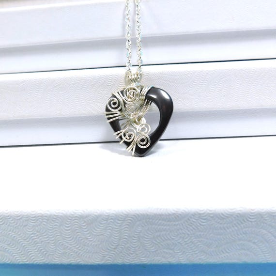 Artistic Handmade Hematite Necklace Gemstone Heart Pendant, Unique Wire Wrapped Stone Jewelry, Artisan Crafted One of a Kind Wearable Art