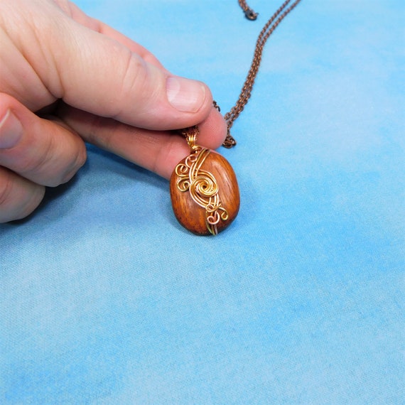 Copper Wire Wrapped Wood Necklace, Artistic Jewelry for 5th