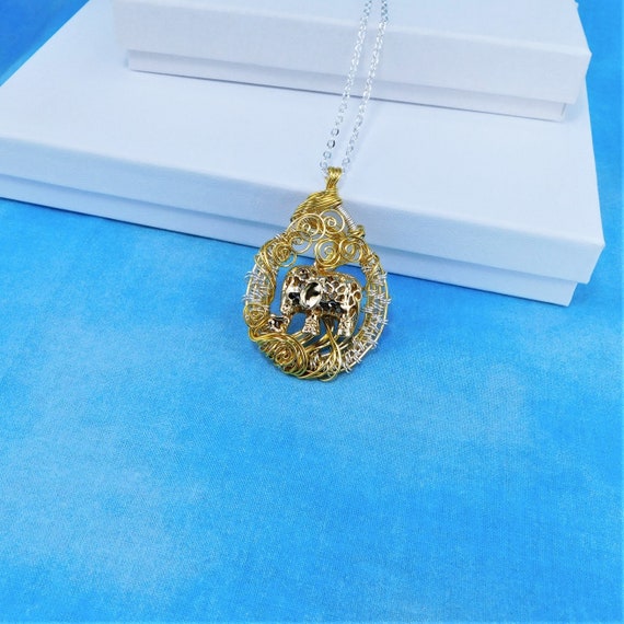 Artistic Elephant Necklace, Artisan Crafted Unique Woven Wire Wrapped Pendant, Handcrafted Wearable Art Jewelry