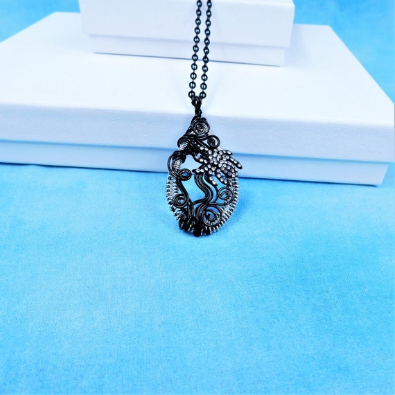 Black Woven Wire Wrapped Spider Necklace, Unique Women's Goth Arachnid Pendant, Unusual Halloween Jewelry Present for Women