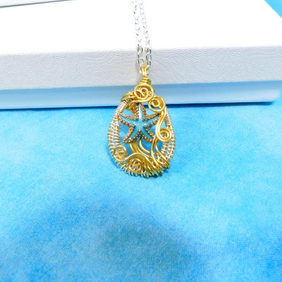 Artistic Starfish Necklace, Unique Artisan Crafted Beach Pendant, Wire Wrapped Sea Life Ocean Theme Jewelry, One of a Kind Wearable Art