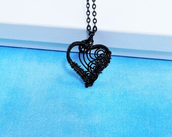 Black Heart Necklace, Woven Wire Wrapped Handcrafted Romantic Pendant, Artistic Valentine Jewelry or Birthday Present for Wife or Girlfriend