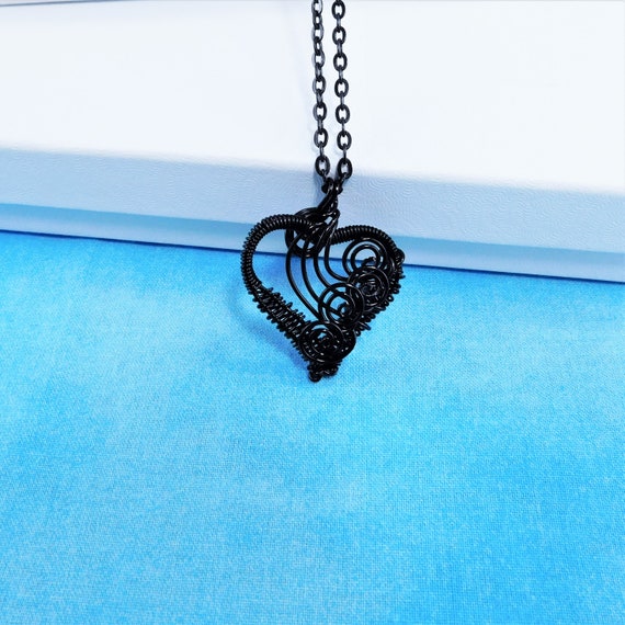 Black Heart Necklace, Woven Wire Wrapped Handcrafted Romantic Pendant, Artistic Valentine Jewelry or Birthday Present for Wife or Girlfriend