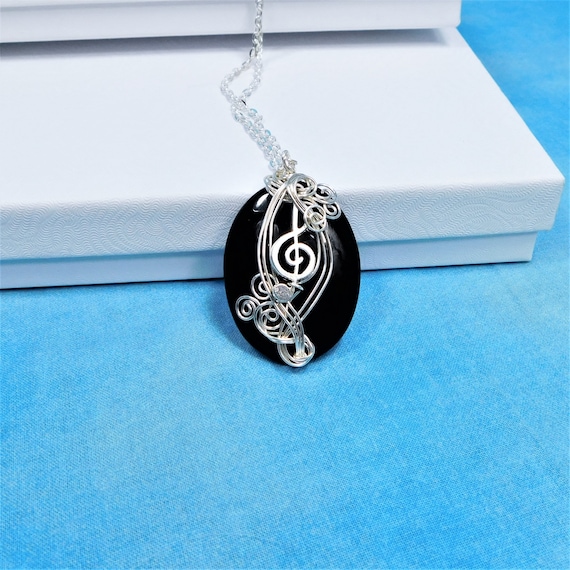 Treble Clef Necklace Black Onyx Musical Staff Pendant Gift for Musician, Music Teacher, Piano, Band, Orchestra or Choir Instructor Present