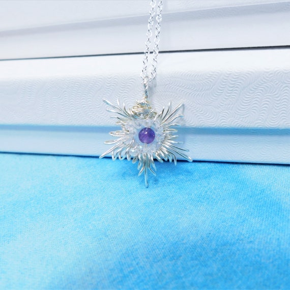 Sculpted Wire Star Necklace, Artistic Flower Jewelry, Simple Wearable Art Amethyst Pendant, Artistic Snowflake February Birthstone Necklace
